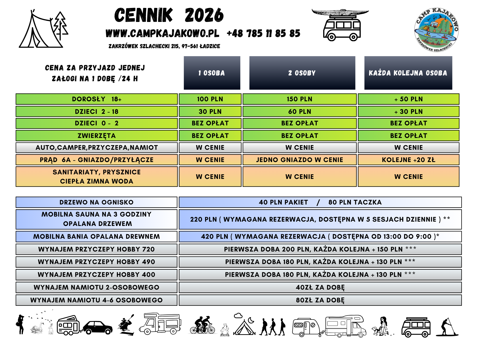 Cennik 2026 CampKAJAKOWO